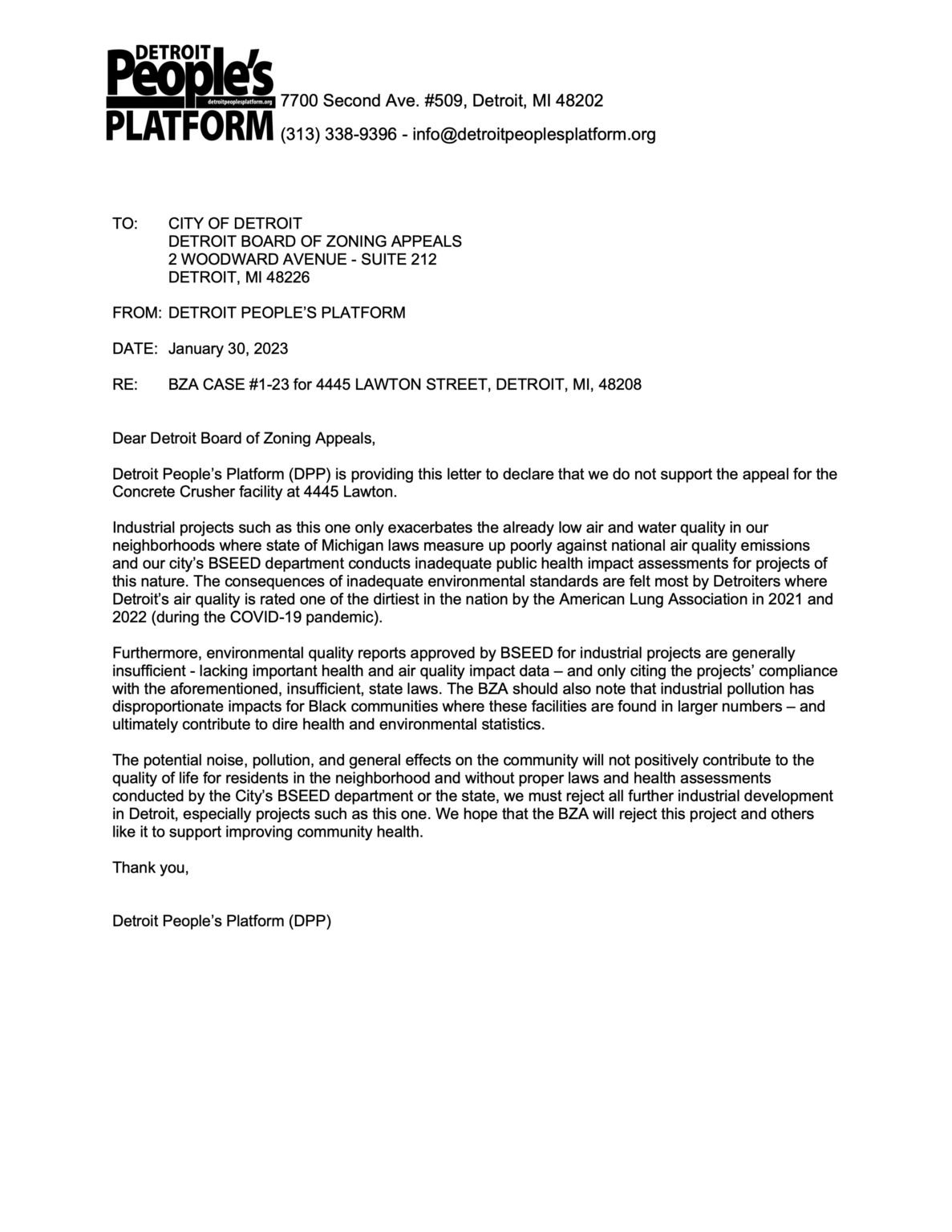 DPP Letter opposing proposed Concrete Crusher - Detroit People's ...